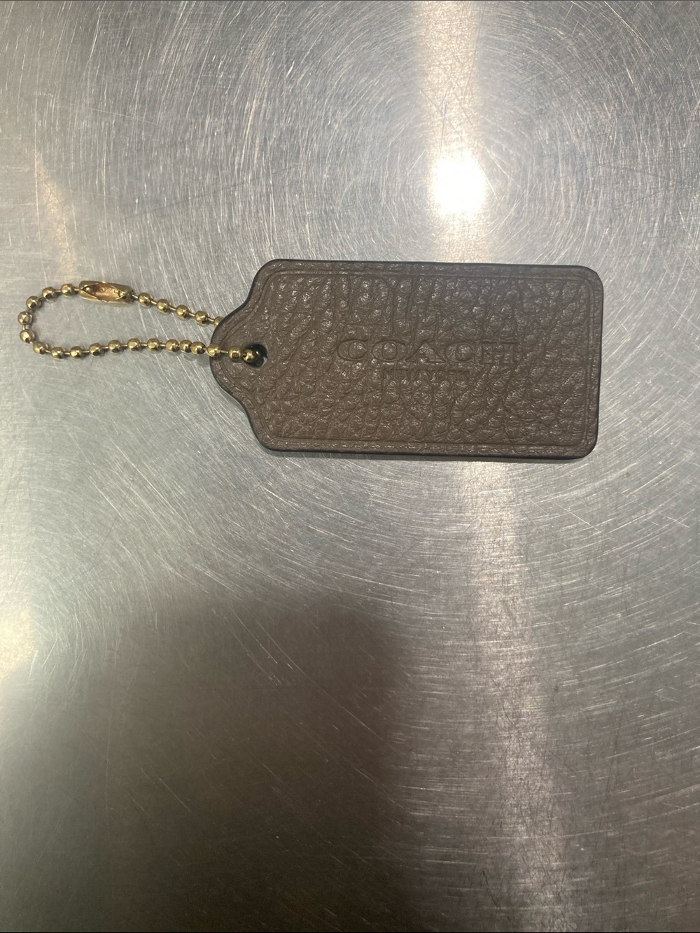 Coach Brown Pebbled Leather Bag Tag with Gold Ball Chain
